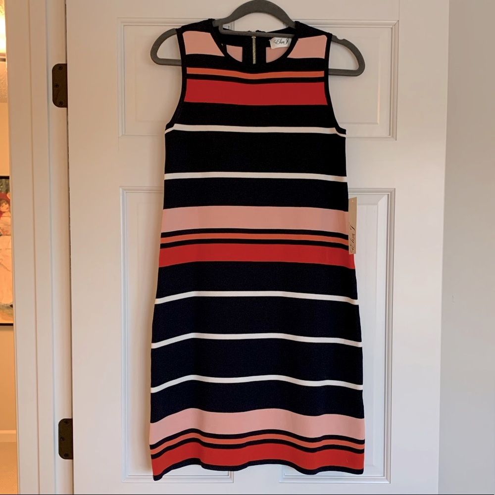Sleeveless Navy, Pink & Red Striped Shift Dress